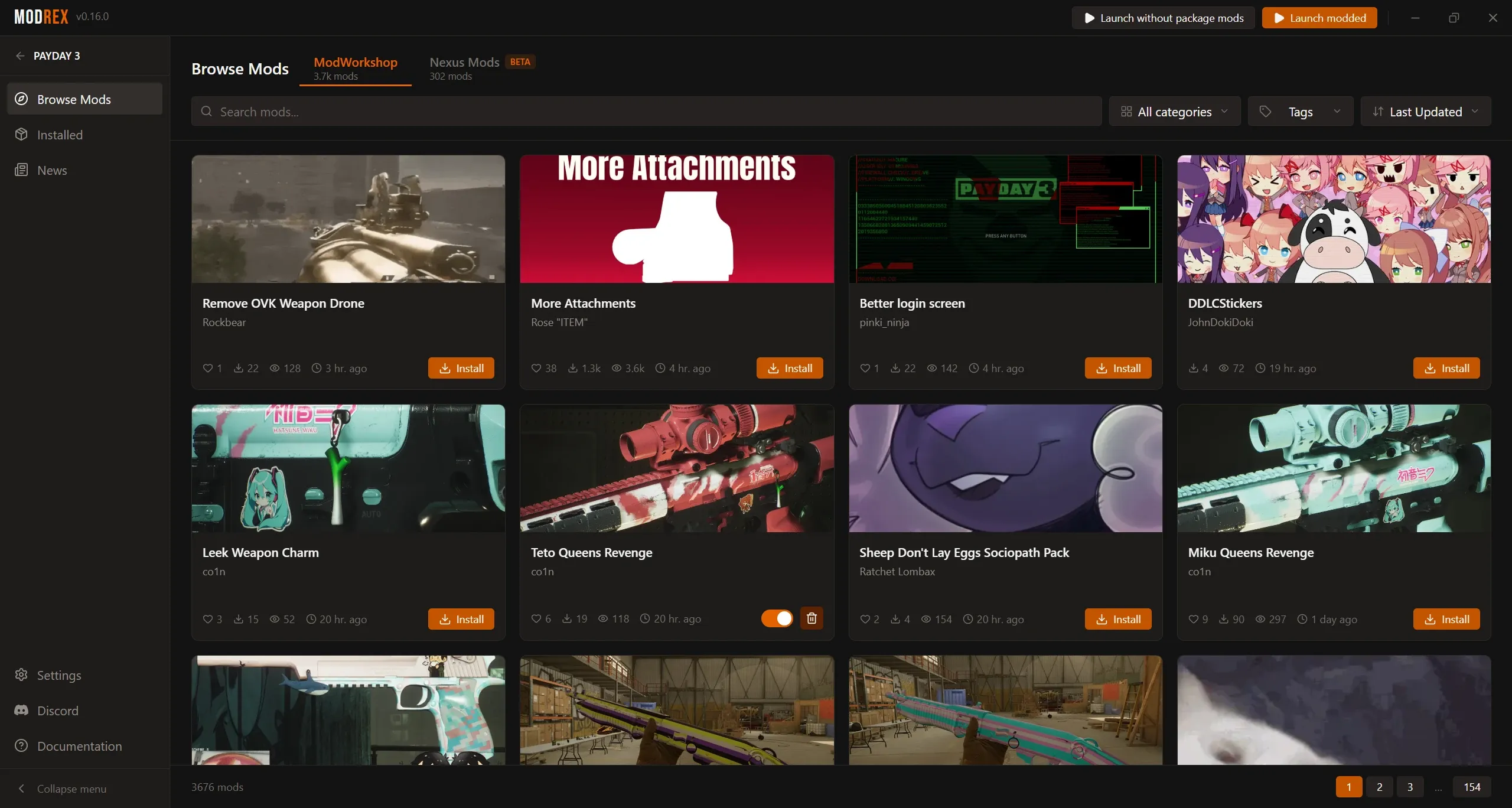 Browsing ModWorkshop mods in Modrex, with Install buttons on each result