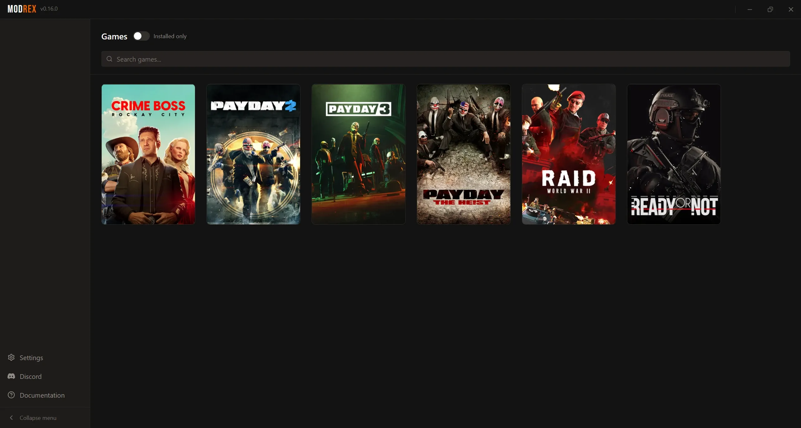 Choosing a game in Modrex: PAYDAY 3, PAYDAY 2, PAYDAY: The Heist, Crime Boss and RAID