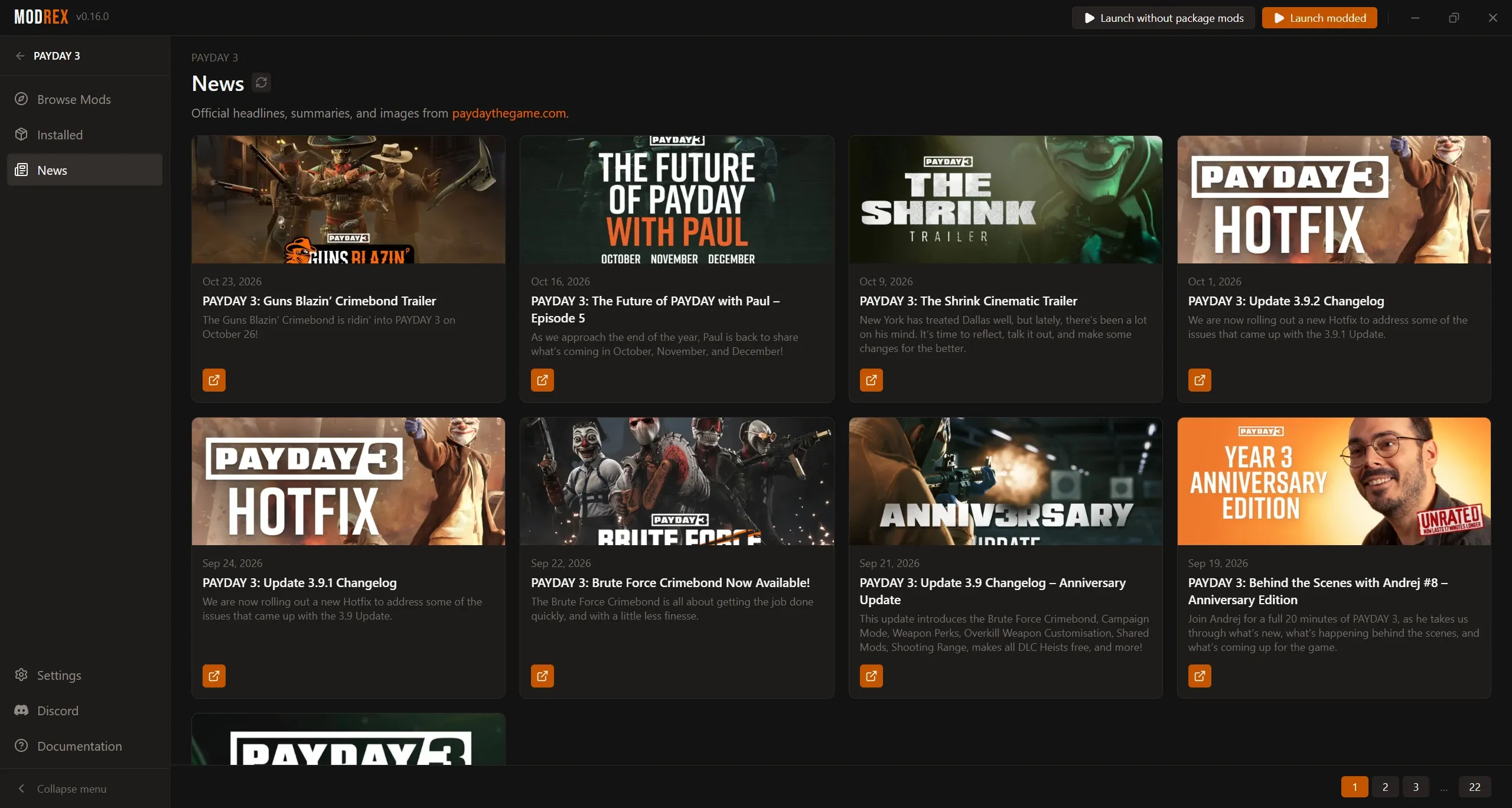 The Modrex news tab showing the latest posts for the active game