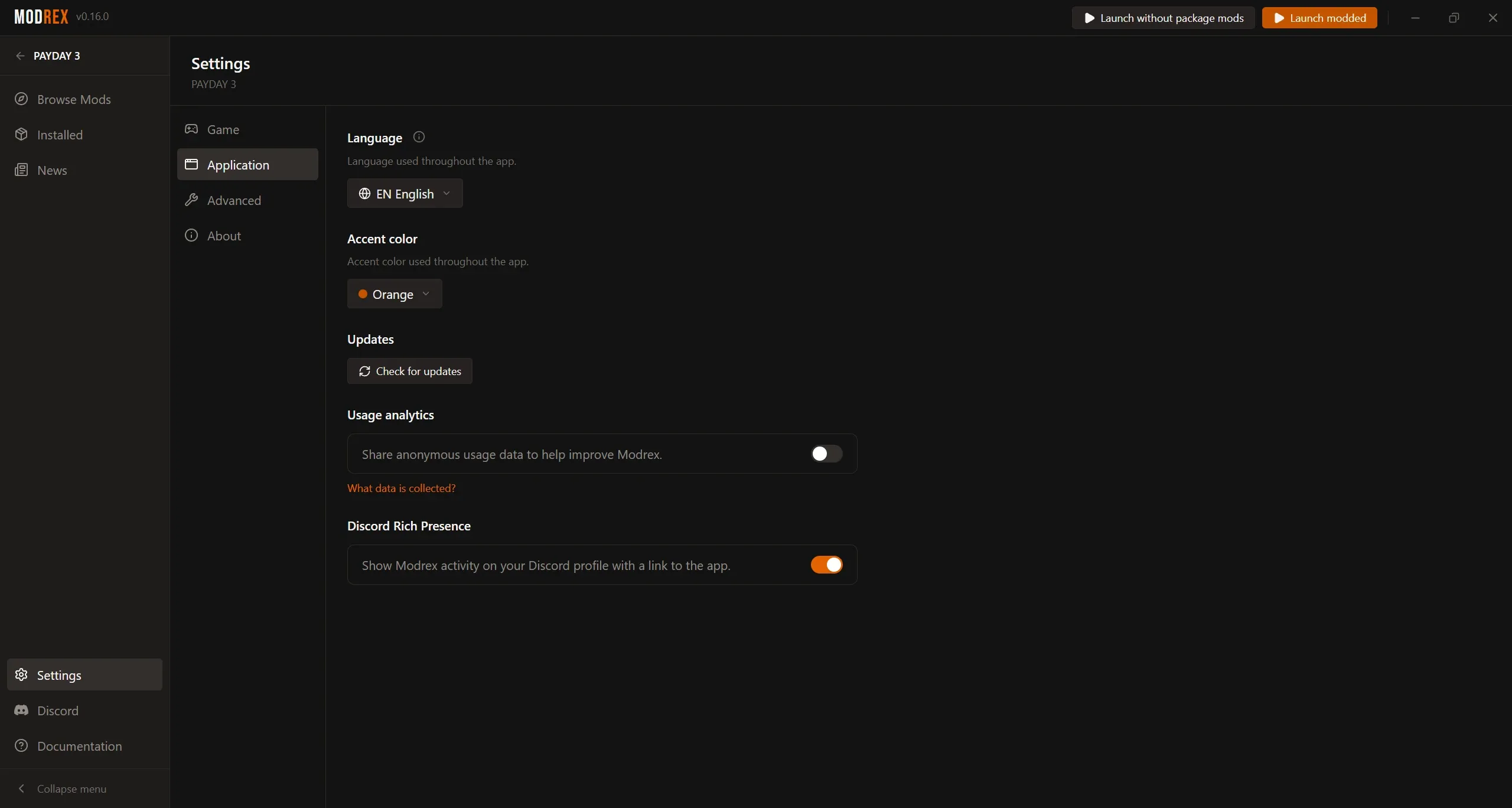 Modrex application settings: language, accent color, updates, usage analytics and Discord Rich Presence