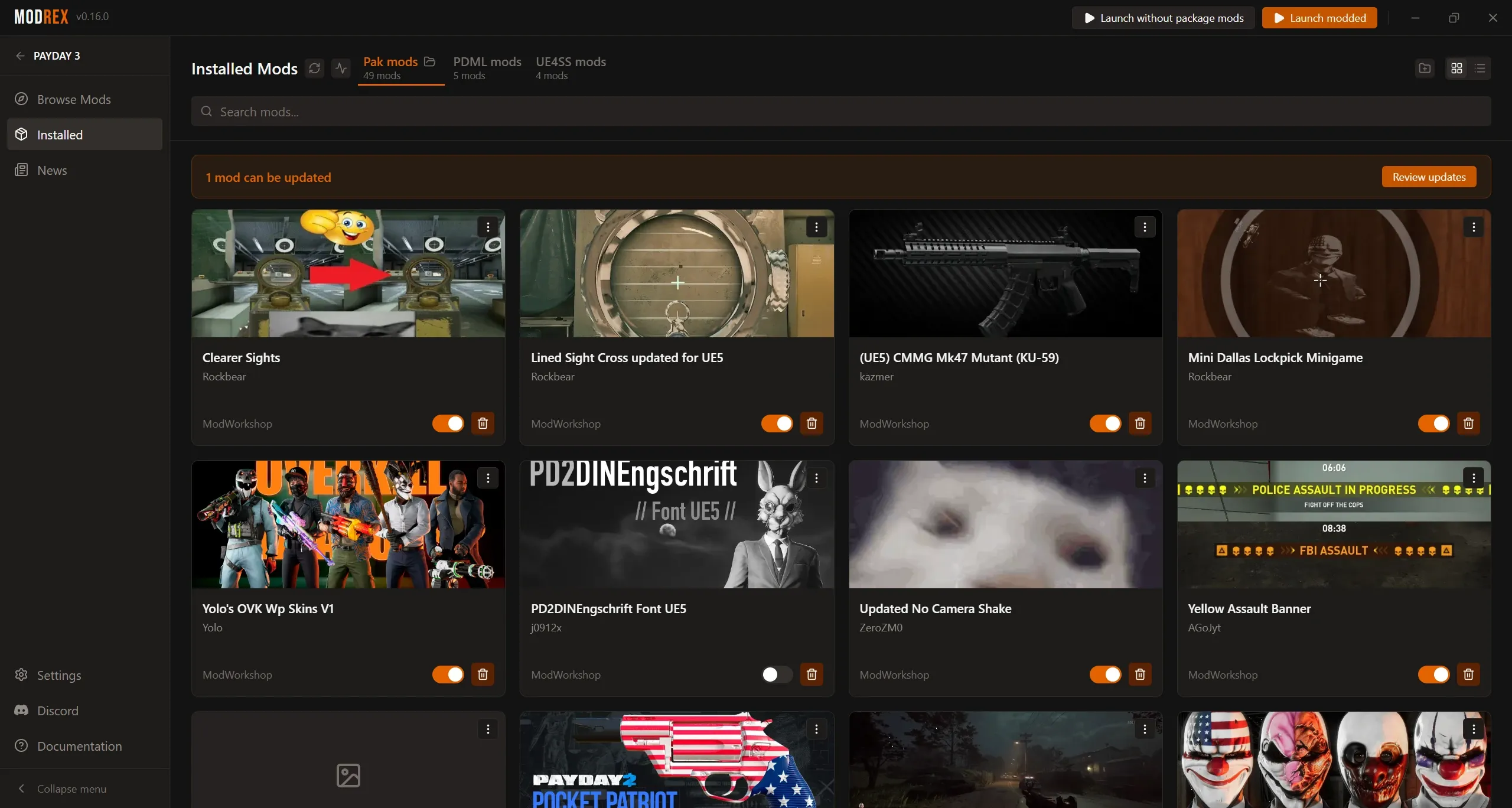 The Launch without mods and Launch modded buttons in the Modrex top bar